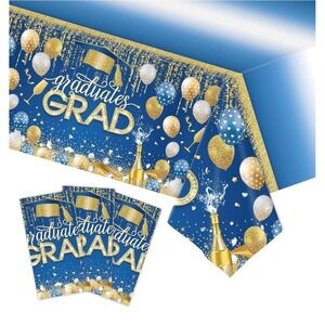 Tablecloth 54x108 Graduation Party Cover Blue Gold Grad Balloons Decor